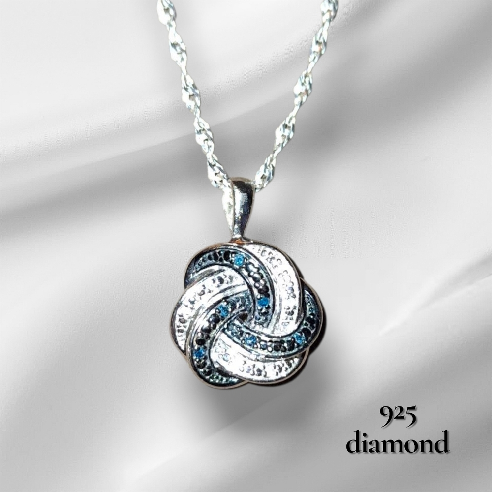Signed Diamond 925 Sterling Silver Blue White Pendant On New Chain 18in.